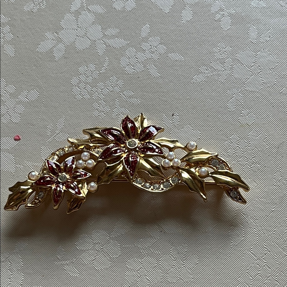 Elegant Gold and Red Floral Brooch